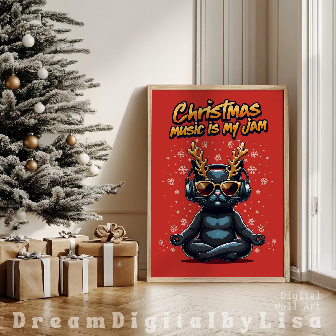 Christmas Music Is My Jam Black Cat Art Print - Image 2