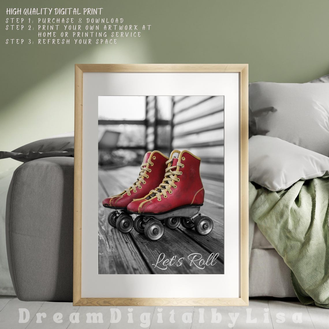 Vintage Red Roller Skates Lets Roll Black and White Photo Poster - Image 4
