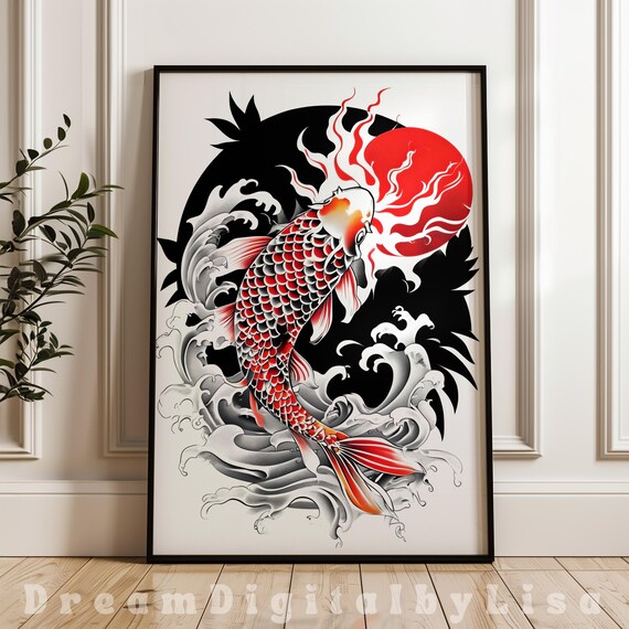 Japanese Red Koi Fish Tattoo Style Rising Sun Wave Art Poster