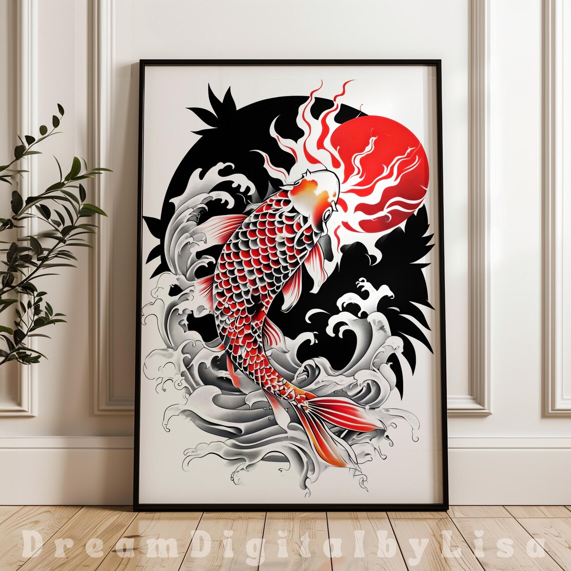 Japanese Red Koi Fish Tattoo Style Rising Sun Wave Art Poster