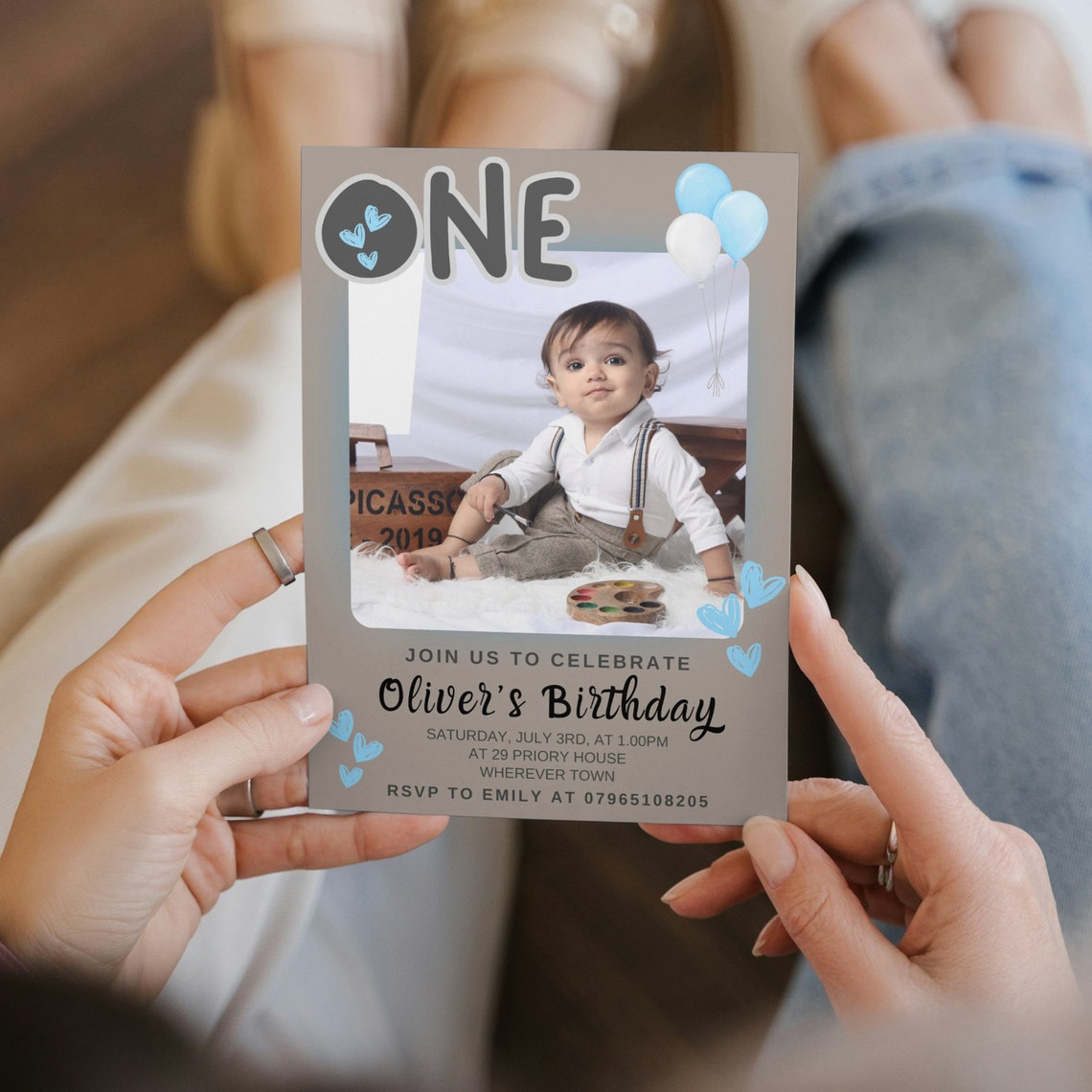 Editable First Birthday Invitation Card Photo Blue Balloon Party Print - Image 4