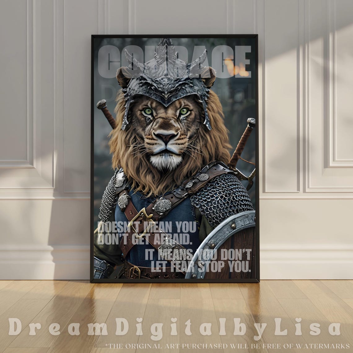 Courage Lion Warrior Poster Armored Lion Motivational Quote Artwork