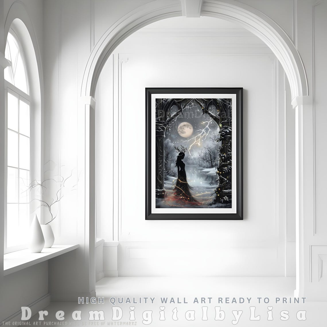 Fairycore Grunge Winter Woman Poster Antler Silhouette Moon Artwork - Image 2