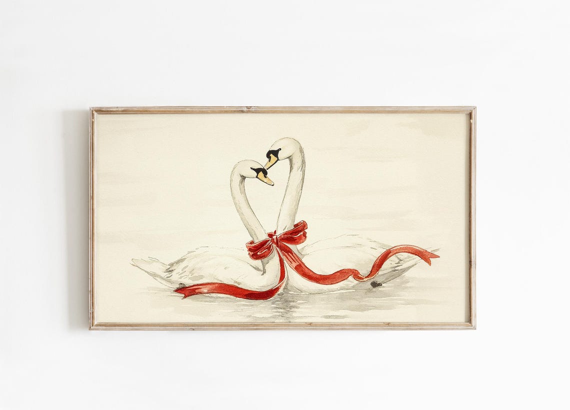 White Swans Red Bow Coquette Watercolor Valentine Love Bird Poster