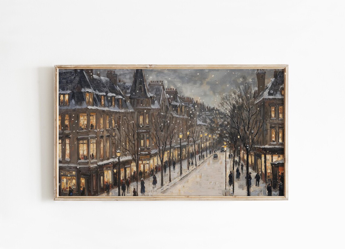 Snowy Old Town Street Night Glowing Windows Vintage City Poster - Image 3