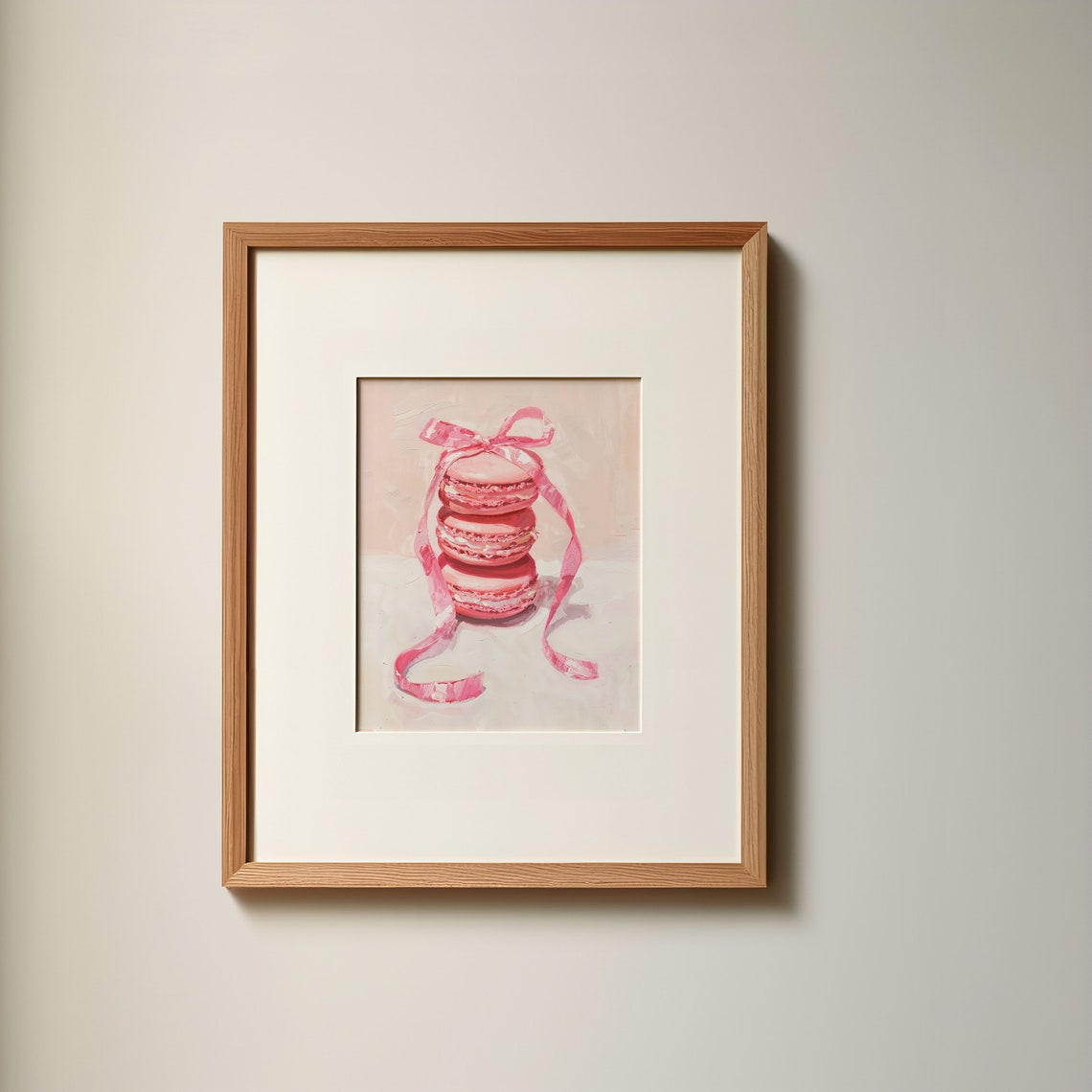 Pink Macaron Stack Bow Watercolor French Pastry Dessert Art Print
