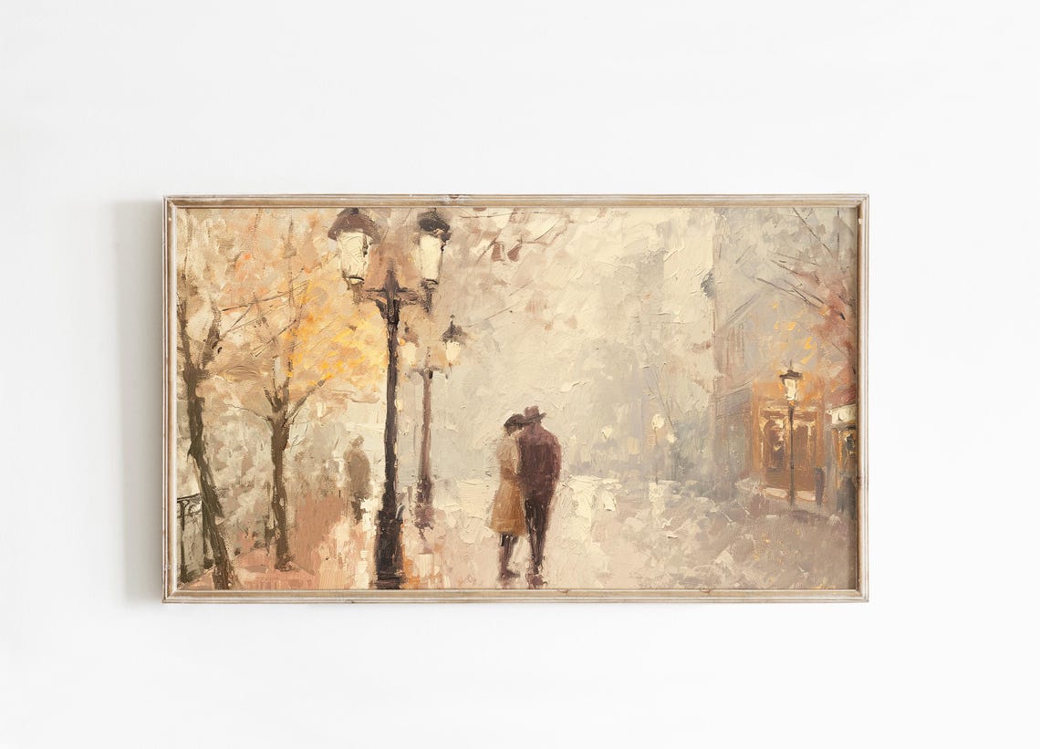 Romantic Couple Strolling Winter Street Lamps Vintage Love Art Poster - Image 4