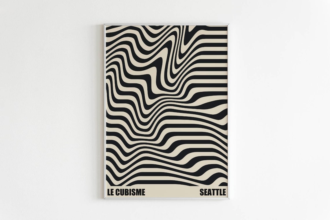 Le Cubisme Seattle Black Cream Op Art Wavy Lines Pattern Poster