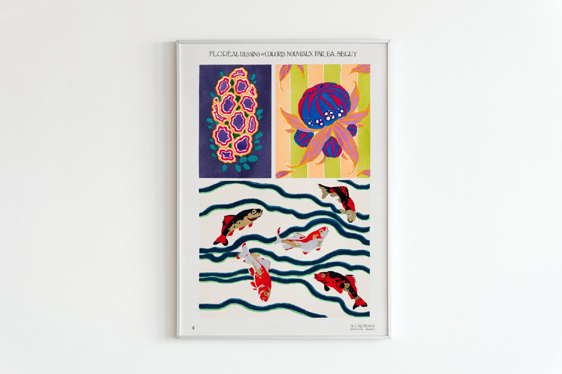 Emile Seguy Floral Koi Fish Art Deco Pochoir Illustration Poster