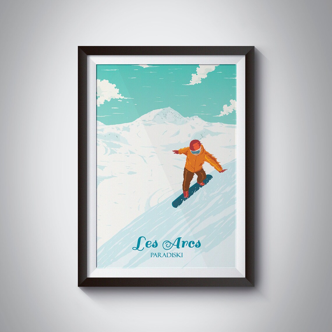 Les Arcs Paradiski Snowboarder Carving Turquoise Sky Ski Resort Poster