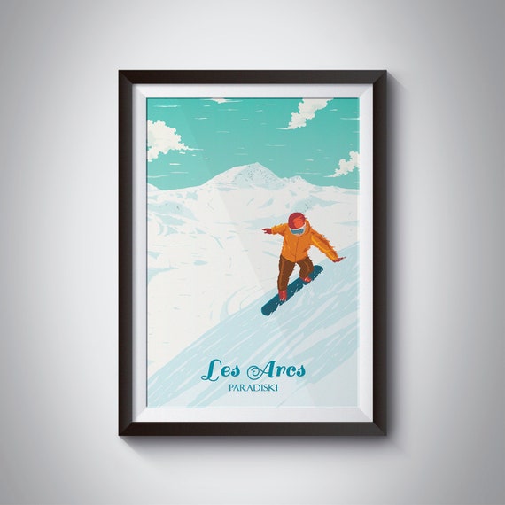 Les Arcs Snowboarding Poster Snowboarder Gift Skiing Print Vintage Ski Resort Paradiski French Alps France Mountains Wall Art Decor
