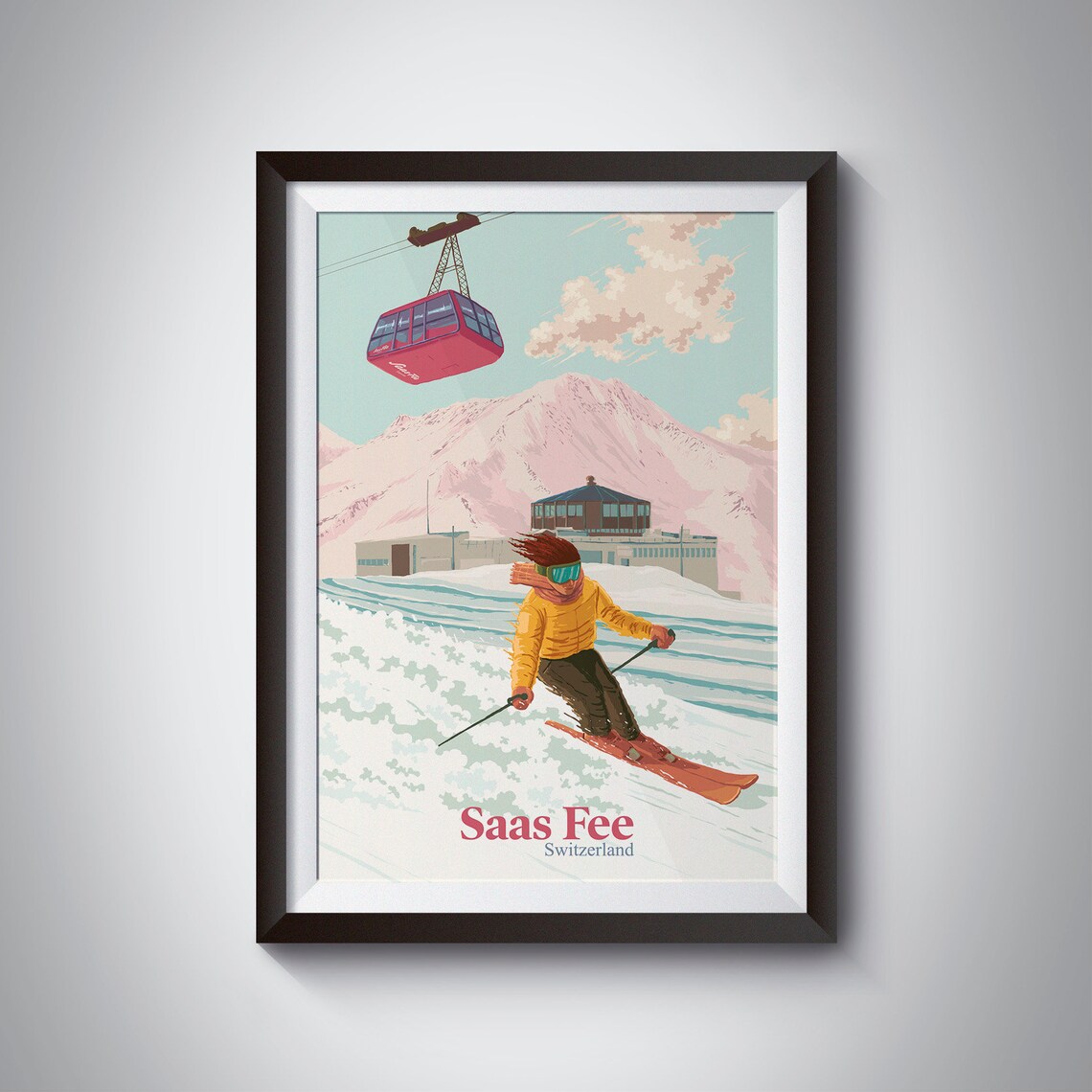 Saas Fee Ski Resort Travel Poster, Swiss Alps