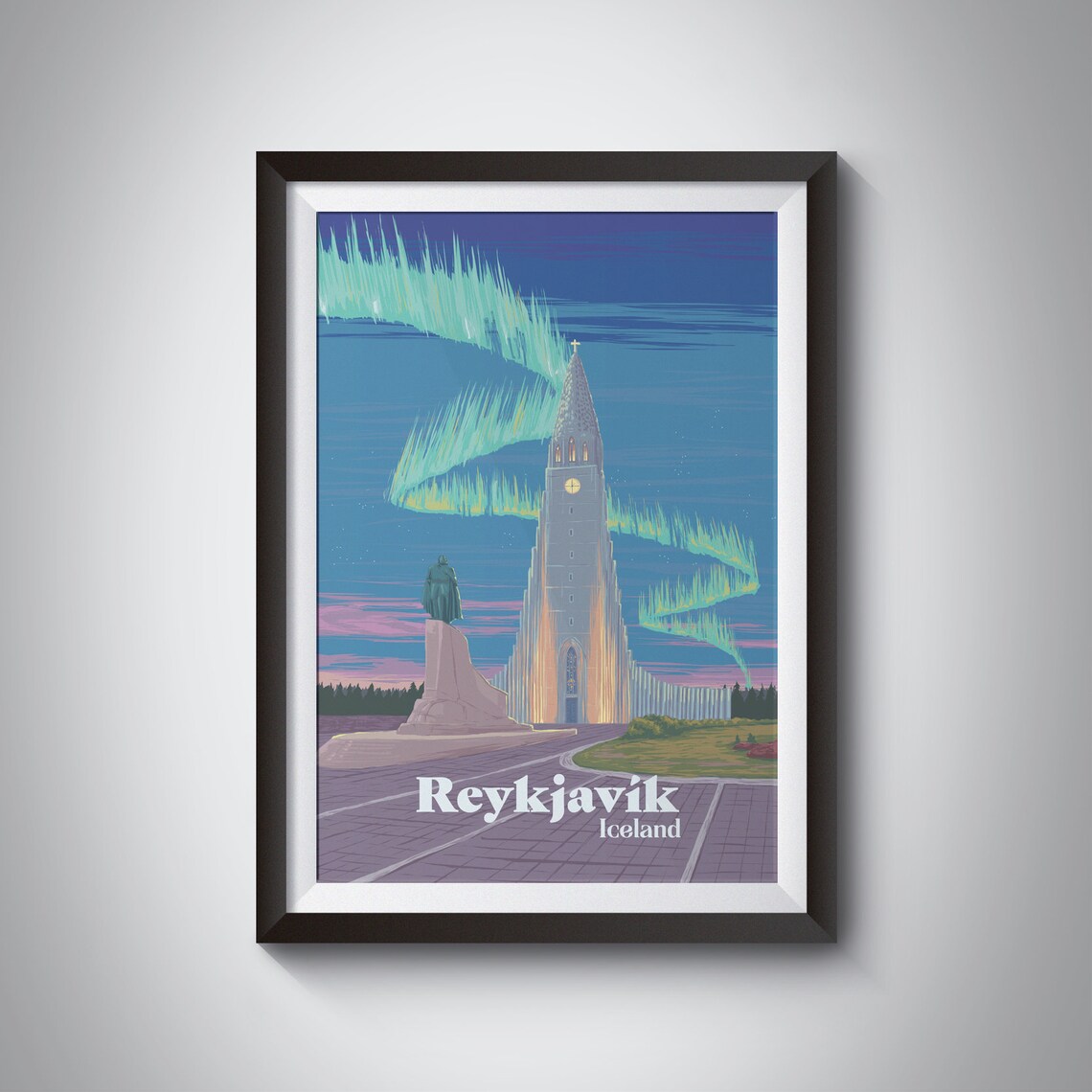 Reykjavik Iceland Hallgrimskirkja Northern Lights Winter Poster