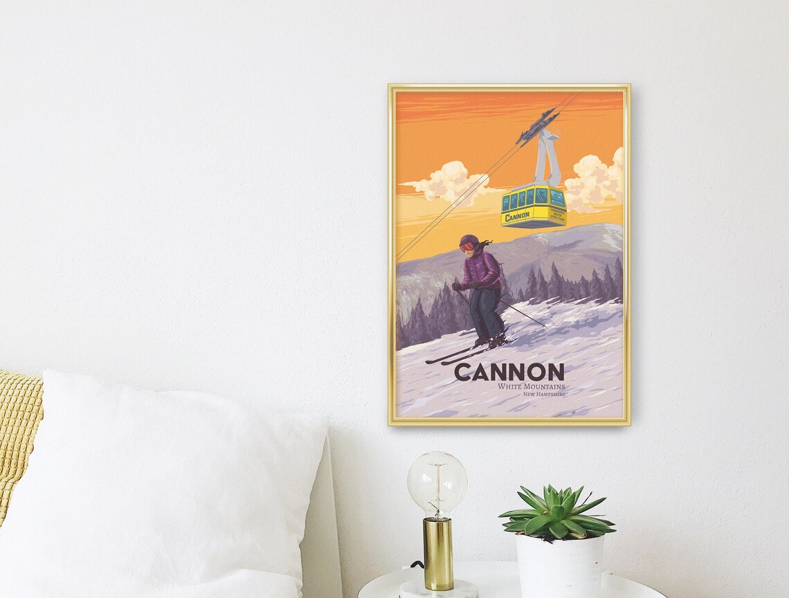 Cannon New Hampshire Yellow Tram Sunset Ski Vintage Travel Poster - Image 3