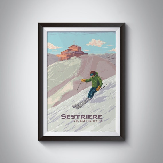 Sestriere Ski Resort Poster Piedmont Italy Turin Vintage Skiing Print Montgenvre Claviere Aprs Ski Gift Retro Artwork Travel Art