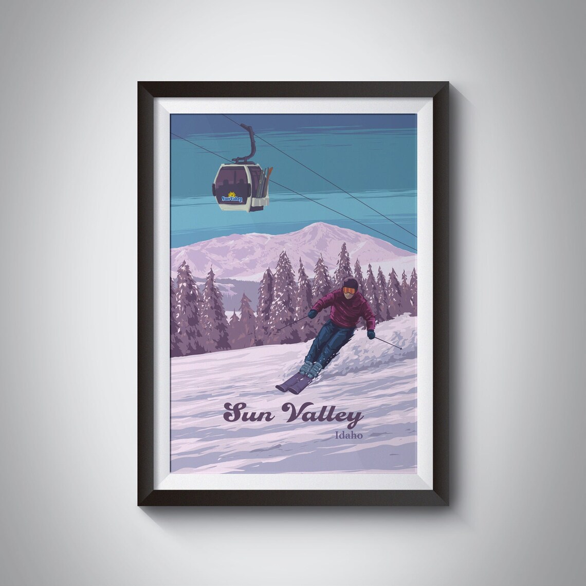 Sun Valley Idaho Gondola Skier Vintage Snow Mountain Travel Poster