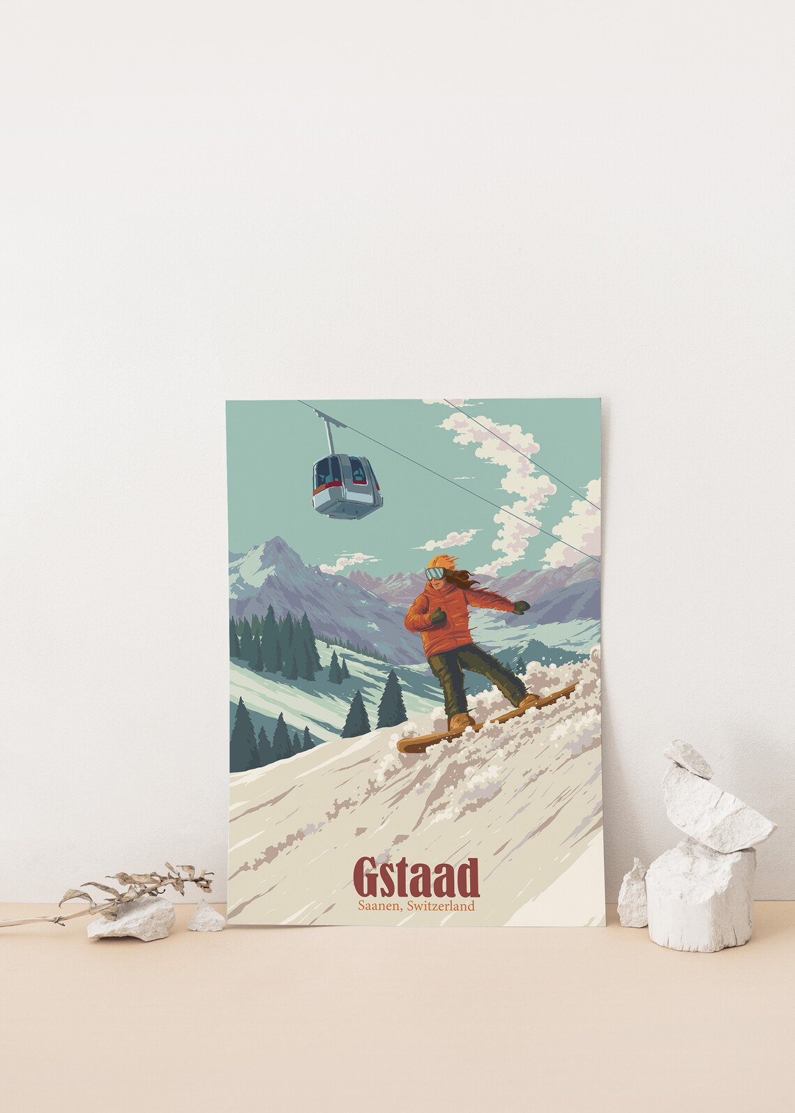 Gstaad Saanen Switzerland Gondola Snowboard Sunny Slope Poster - Image 4