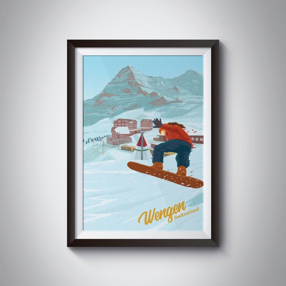 Wengen Snowboarding Poster Switzerland Travel Poster Ski Resort Print Swiss Alps Eiger Retro Wall Art Decor Jungfrau Matterhorn