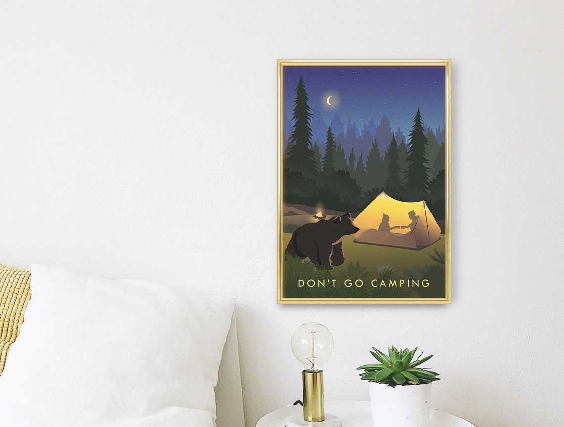 Don't Go Camping Funny Bear Tent Night Wilderness Vintage Poster - Image 3