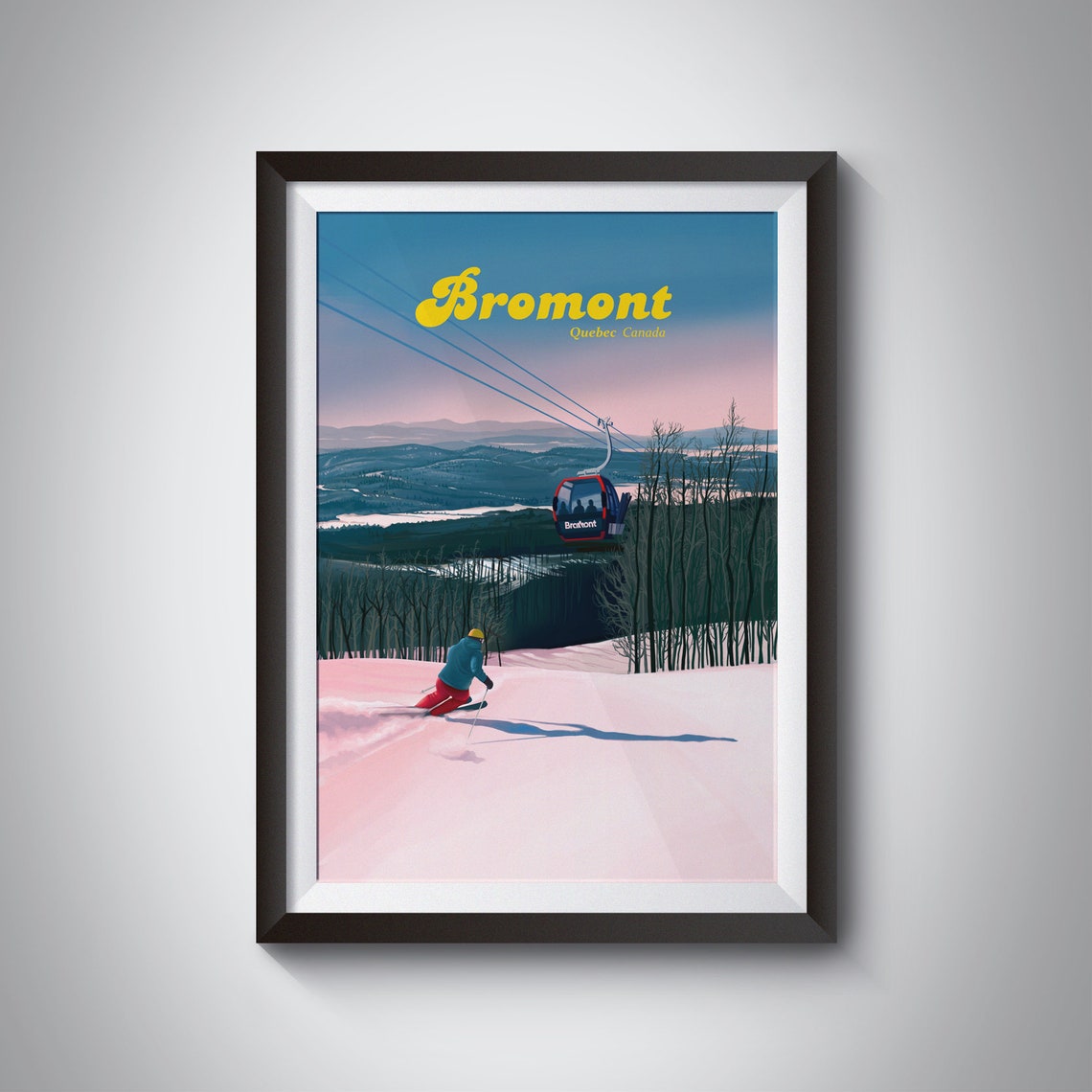 Bromont Quebec Canada Gondola and Skier Sunset Slope Vintage Poster