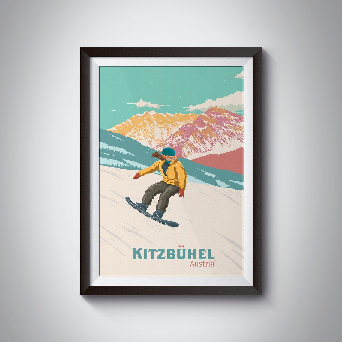 Kitzbuhel Austria Snowboarder Mid Jump Retro Alpine Ski Art Poster