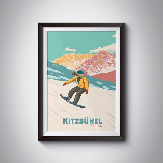 Kitzbuhel Snowboarding Poster Austria Skiing Print Tyrol Ski Resort Gift Innsbruck Hahnenkamm Race Telemark Retro Vintage Mountains