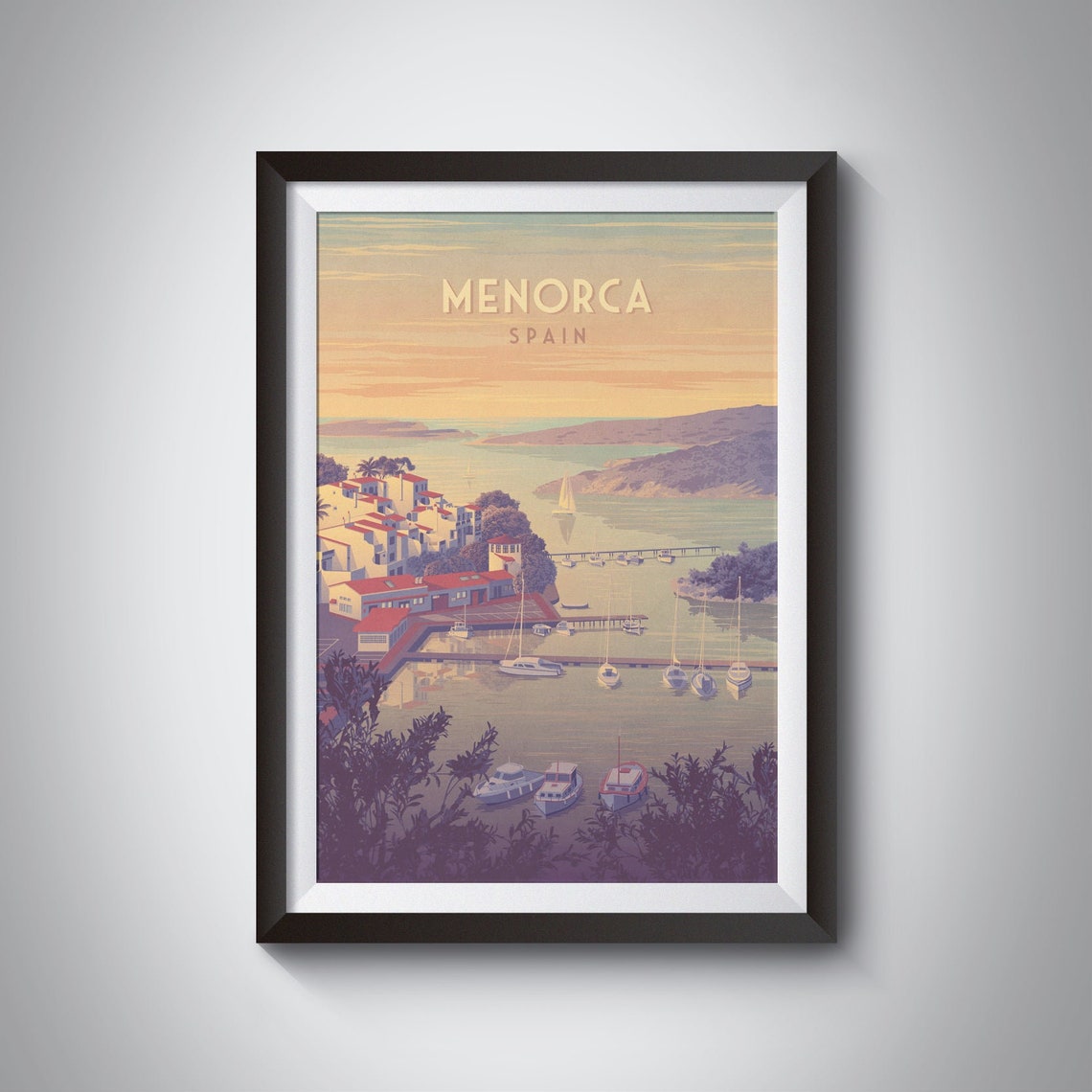 Menorca Spain Vintage Harbor Poster, Whitewashed Port Sunset Sailboats