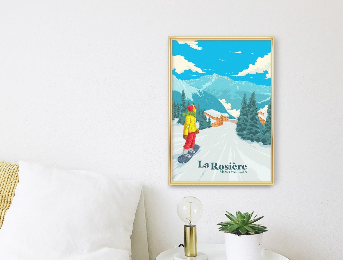 La Rosiere Snowboarding Poster Montvalezan French Alps Skiing Print Vintage Savoie France Espace San Bernardo Italy Chalet Gift - Image 3