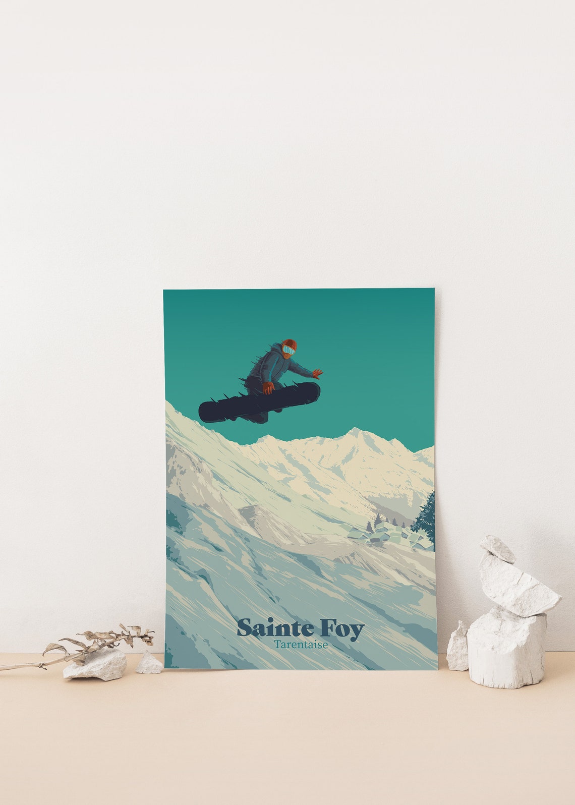 Sainte Foy Tarentaise Freeride Jump Teal Sky Vintage Ski Poster - Image 4