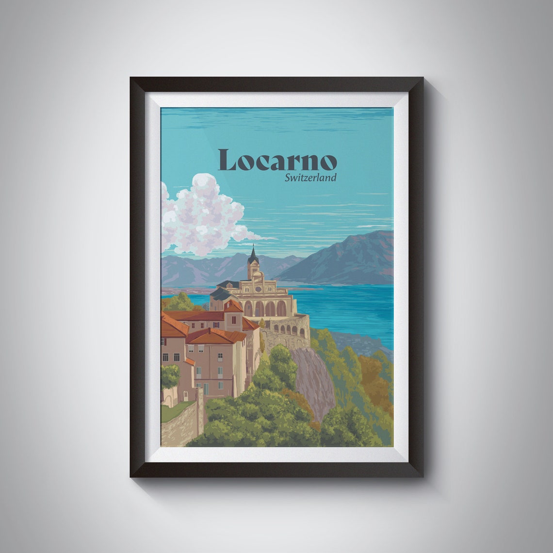 Locarno Switzerland Travel Poster Swiss Alps Lake Maggiore Swiss Travel Print Canton Of Ticino River Maggia Framed Print Wall Art