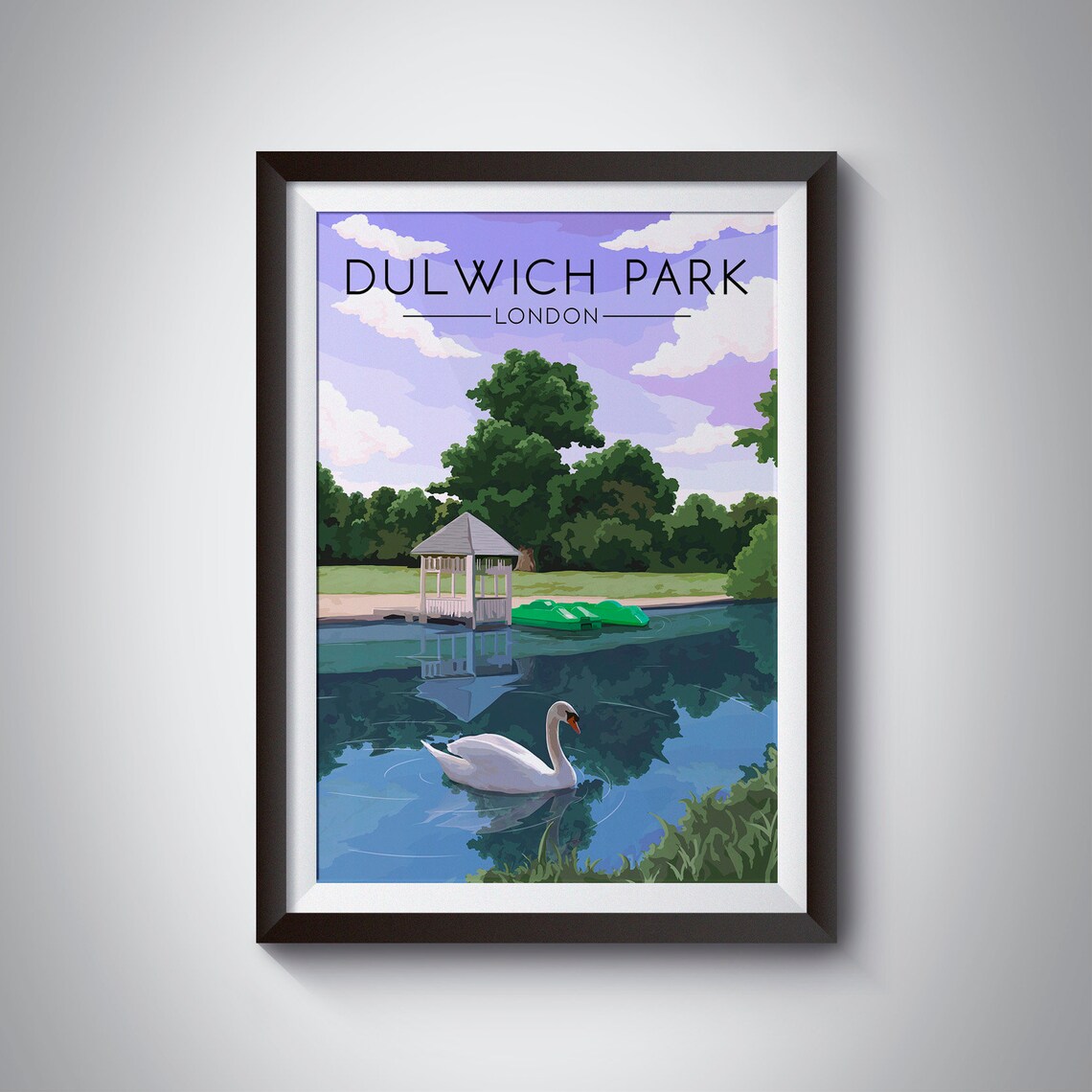 Dulwich Park London Swan Lake Boathouse Vintage Travel Poster