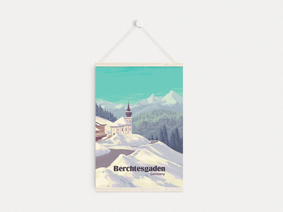 Berchtesgaden Travel Poster National Park Poster Germany St Sebastian Church Bavarian Alps Vintage Travel Print Ski Resort Poster Art - Image 4
