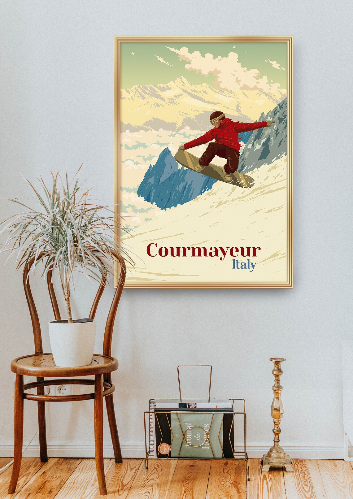 Courmayeur Italy Mont Blanc Vintage Snowboard Jump Travel Poster - Image 2