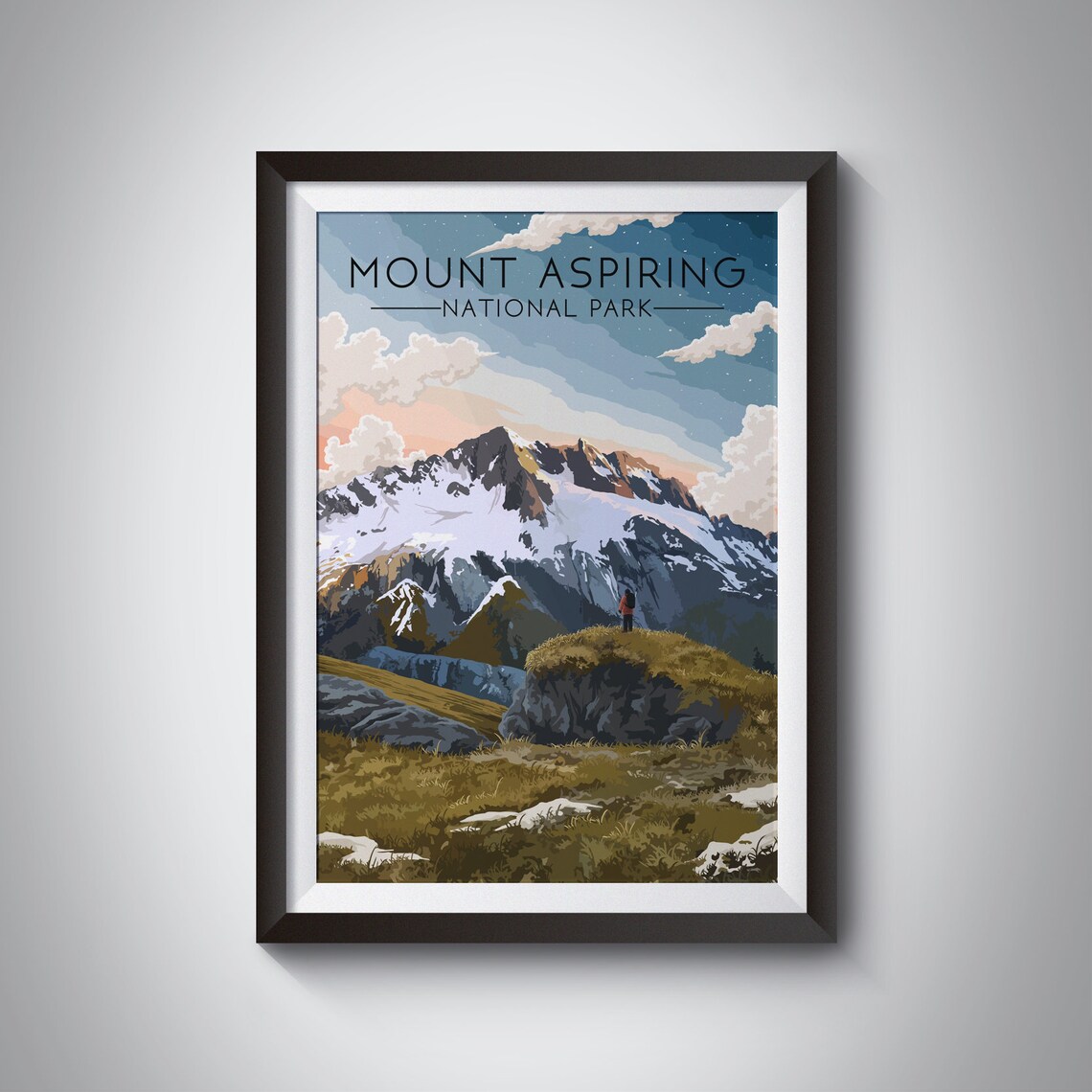 Mount Aspiring National Park New Zealand Peak Hiker View Travel Poster