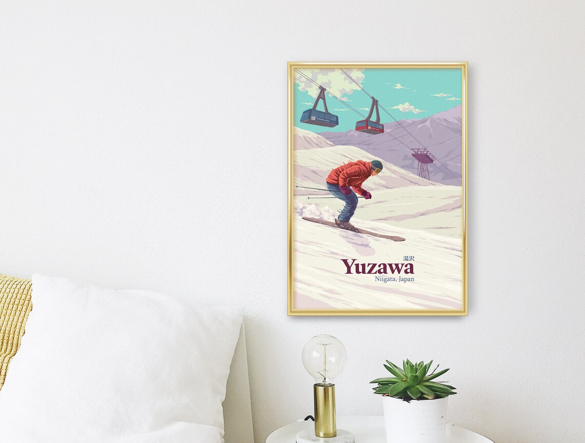 Yuzawa Niigata Japan Vintage Ski Slopes Skier Gondola Scene Poster - Image 3