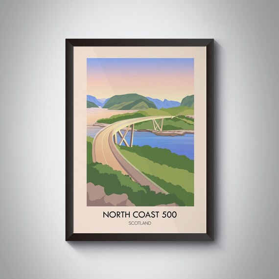North Coast 500 Scotland Kylesku Bridge Route Vintage Travel Poster