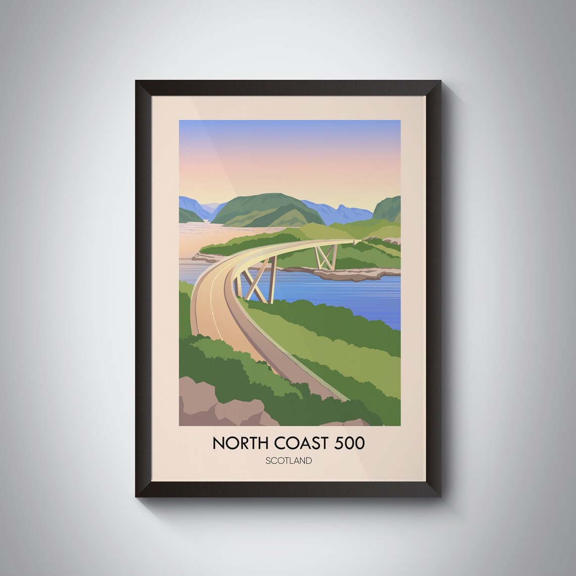 North Coast 500 Scotland Travel Poster Cycling Hiking Driving Kylesku Bridge Inverness Scottish Highlands Vintage Travel Print Gift