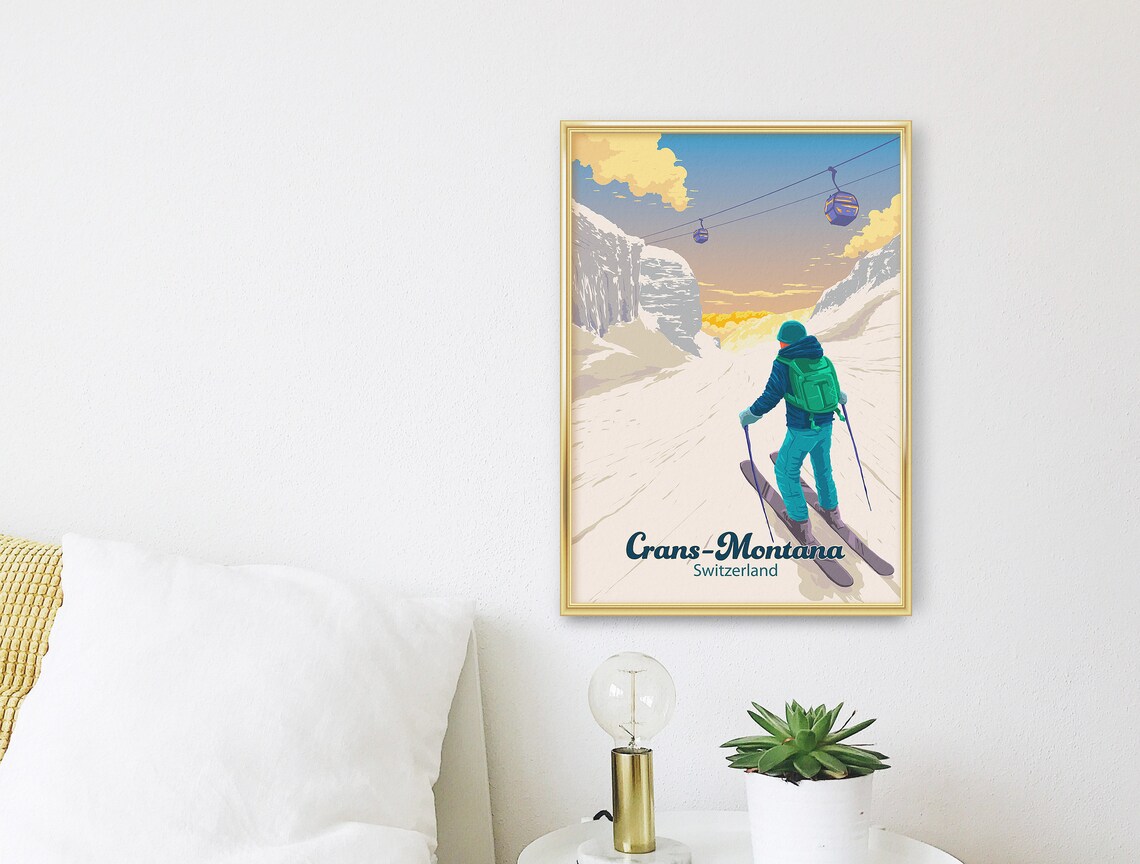 Crans Montana Swiss Alps Retro Skiing Travel Poster - Image 3