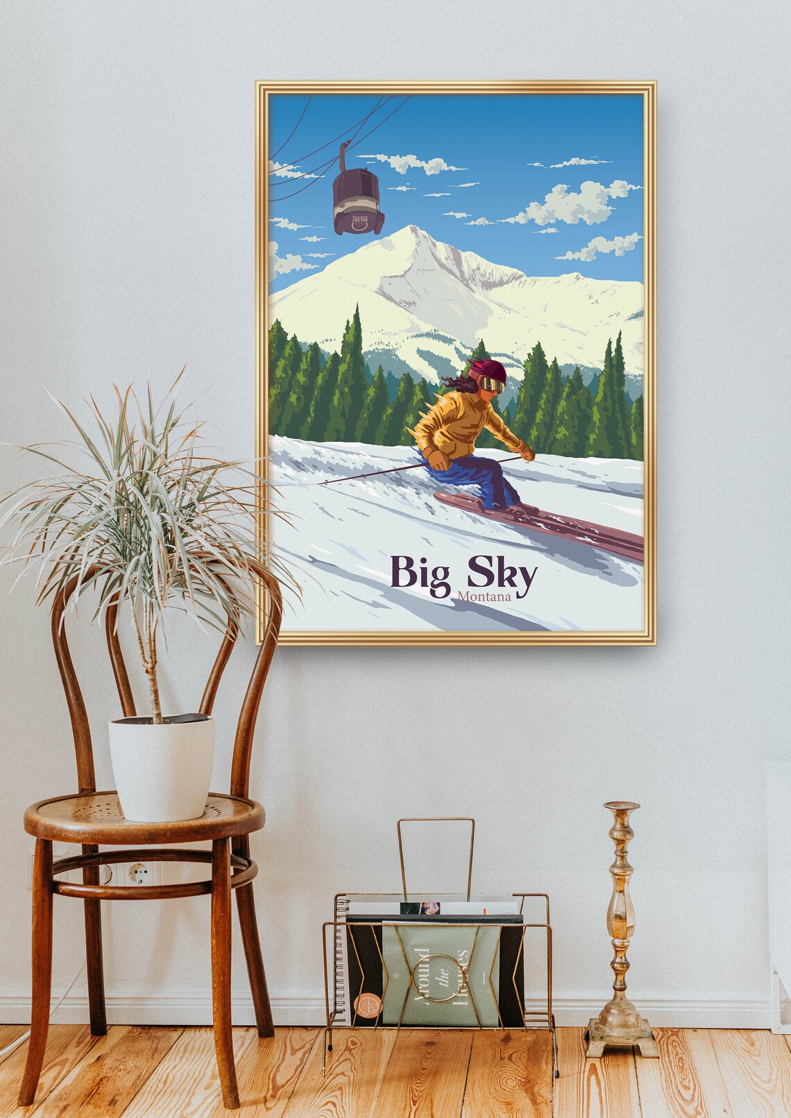 Big Sky Montana Skier Descending Gondola Peak Scene View Poster - Image 2