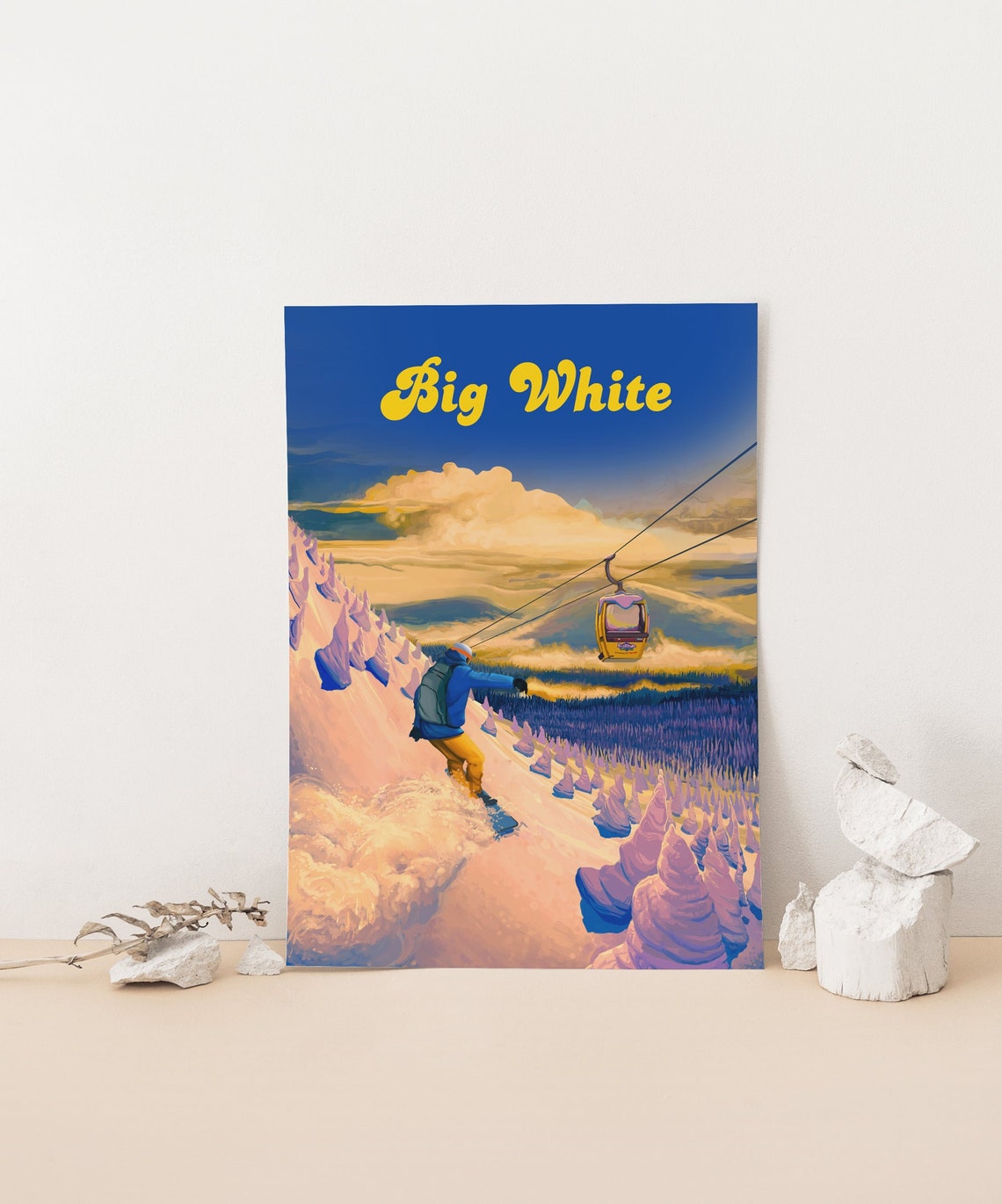 Big White Vintage Snowboarding Poster, Powder Trees and Sunset Gondola - Image 4