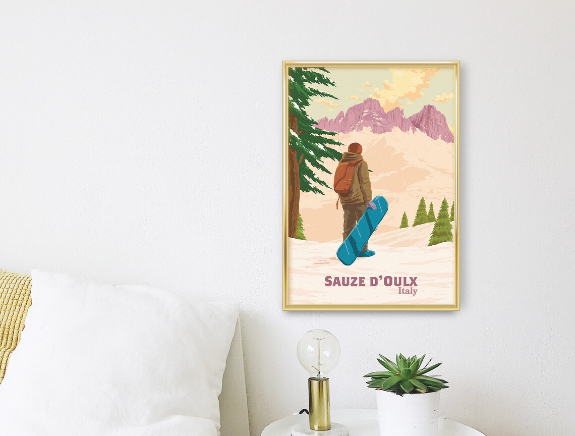 Sauze Doulx Vintage Ski Art, Italian Alps Travel Poster - Image 3