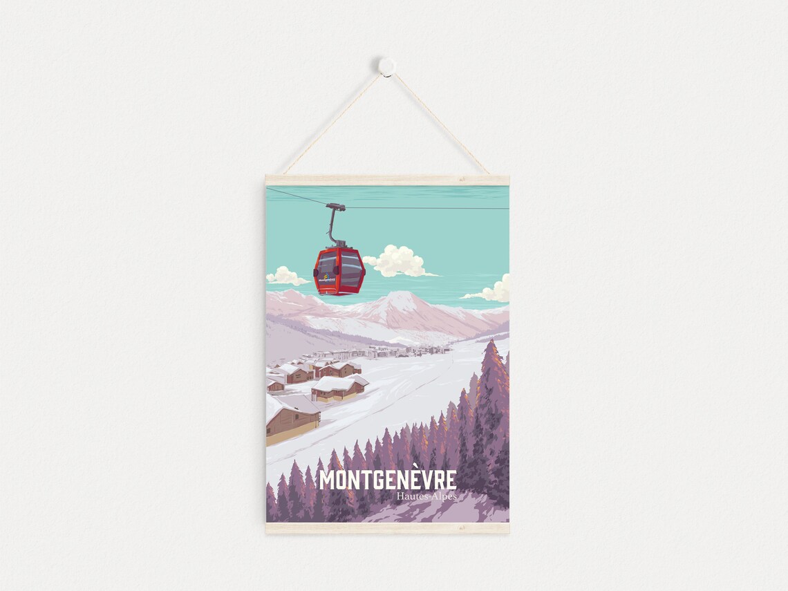 Montgenevre Hautes Alpes Gondola Snowy Village Vintage Ski Poster - Image 4