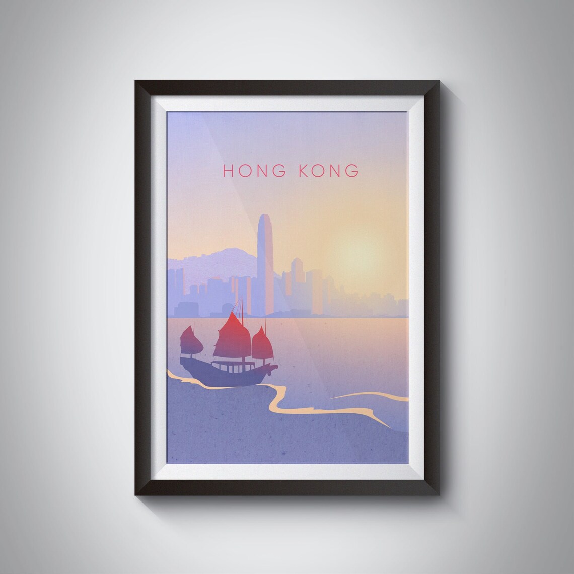 Hong Kong Victoria Harbour Junk Boat Golden Sunset Skyline Poster