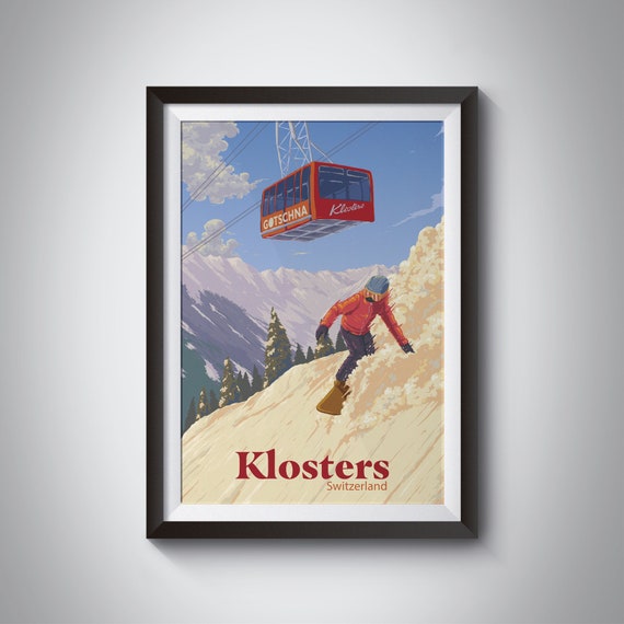 Klosters Snowboarding Poster Swiss Alps Switzerland Ski Resort Print Ski Lift Art Davos Vintage Print Retro Ski Poster Skiing Gift