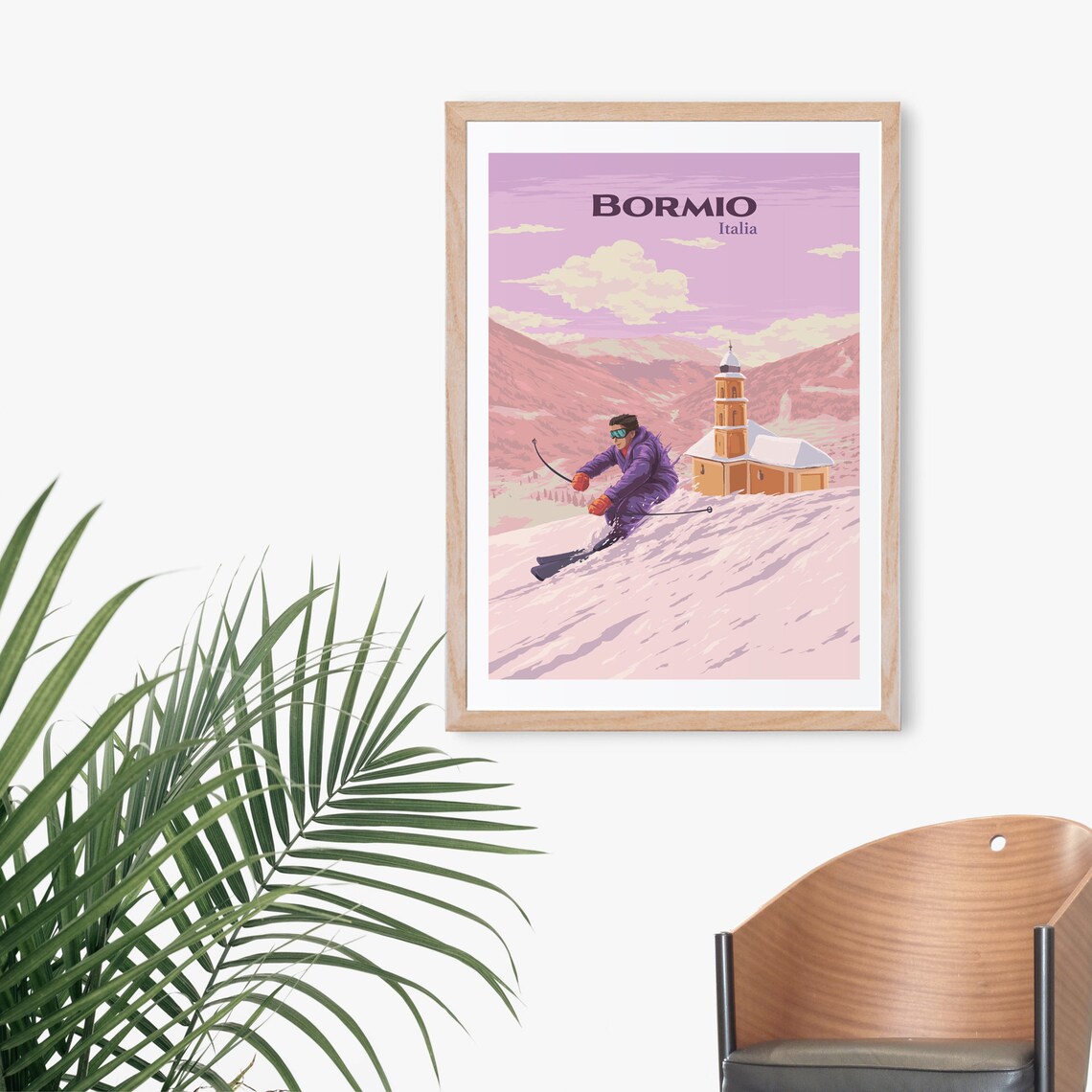 Bormio Italia Vintage Ski Resort Skier Alpine Church Retro Travel Poster - Image 4