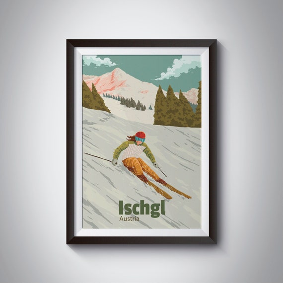 Ischgl Ski Resort Poster Austria Travel Print Paznaun Valley Snowboarding St Anton Ski Season Tyrol Vintage Ski Art Skiing Gift