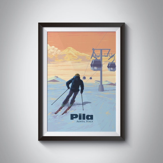 Pila Aosta Italy Ski Resort Travel Poster Snowboarding Vintage Skiing Artwork Aosta Valley Italian Alps Champoluc Framed Print Gift