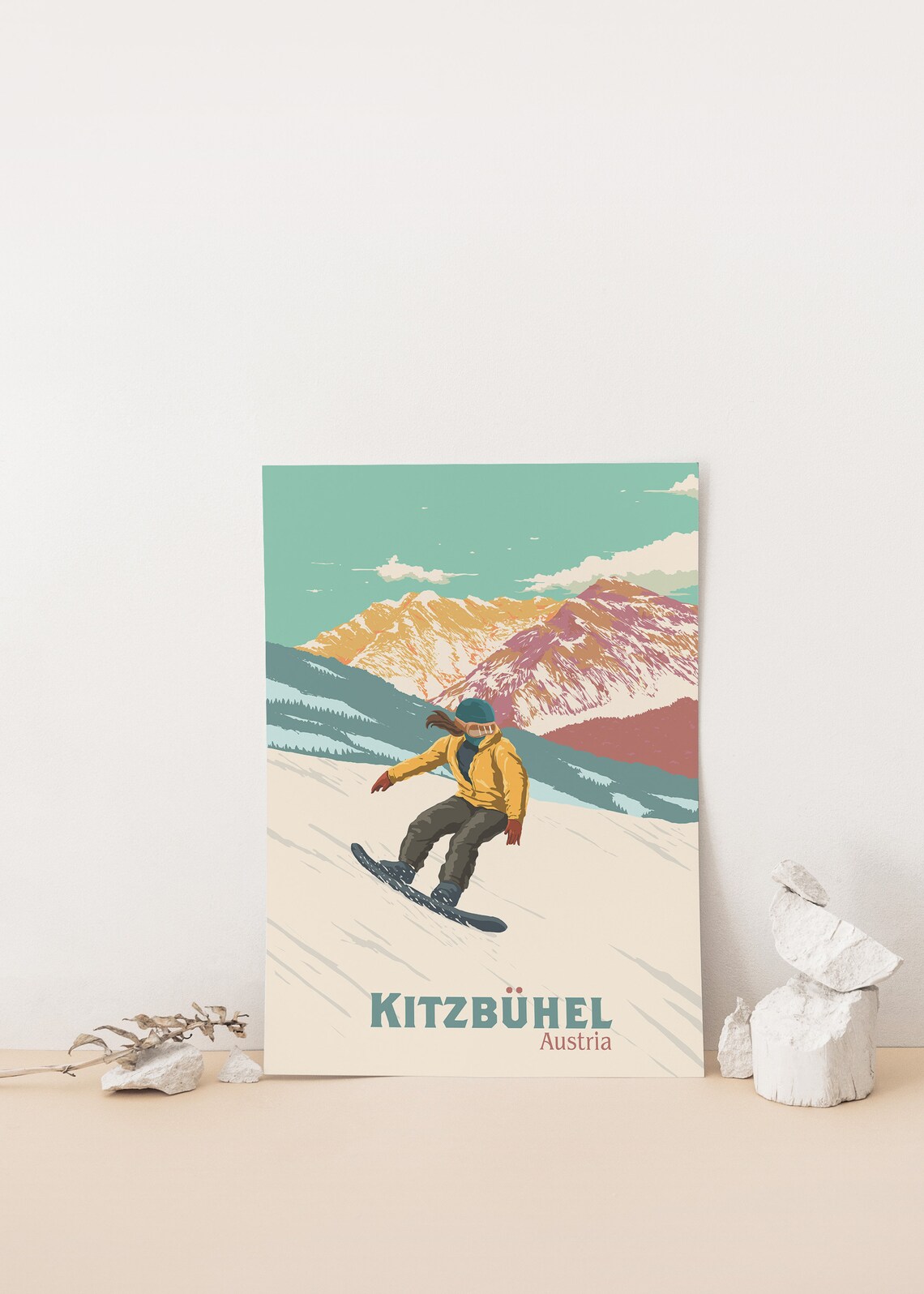 Kitzbuhel Austria Snowboarder Mid Jump Retro Alpine Ski Art Poster - Image 4