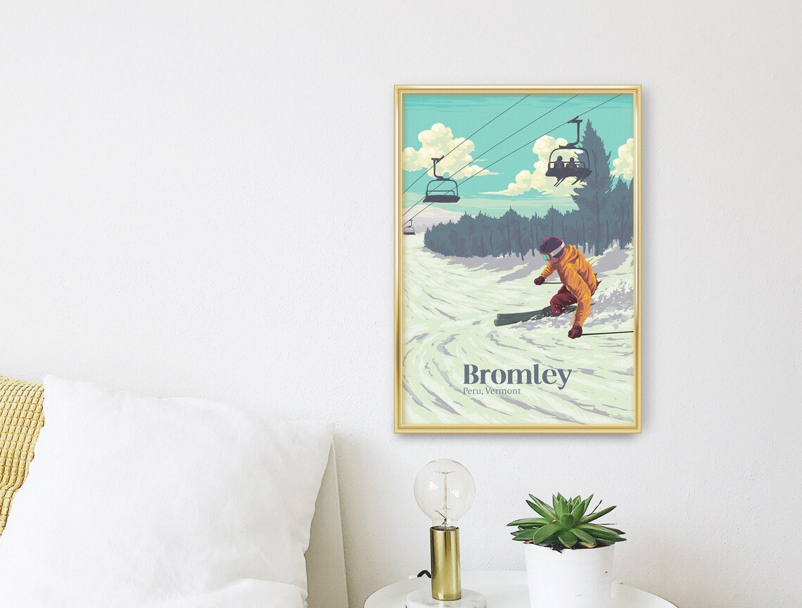 Bromley Vermont Skier Chairlift Vintage Green Mountains Ski Poster - Image 3