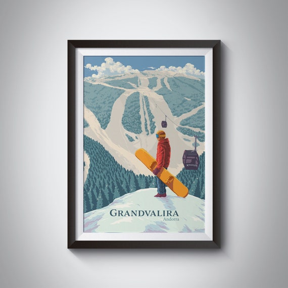 Grandvalira Snowboarding Poster Andorra Ski Resort Print Skiing Pyrenees Vallnord Ordino Arcalis Pal Arinsal Vintage Ski Art Gift